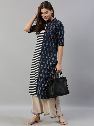 Neeru's Women Navy Blue White Striped Straight Kurta