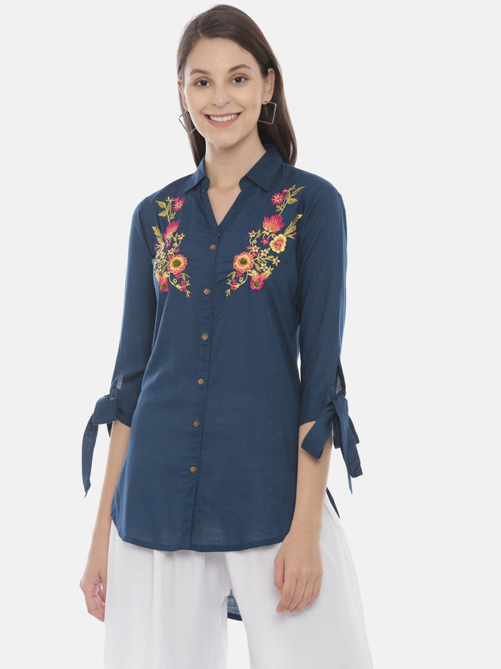 Neerus Blue Embroidered High Low Kurti