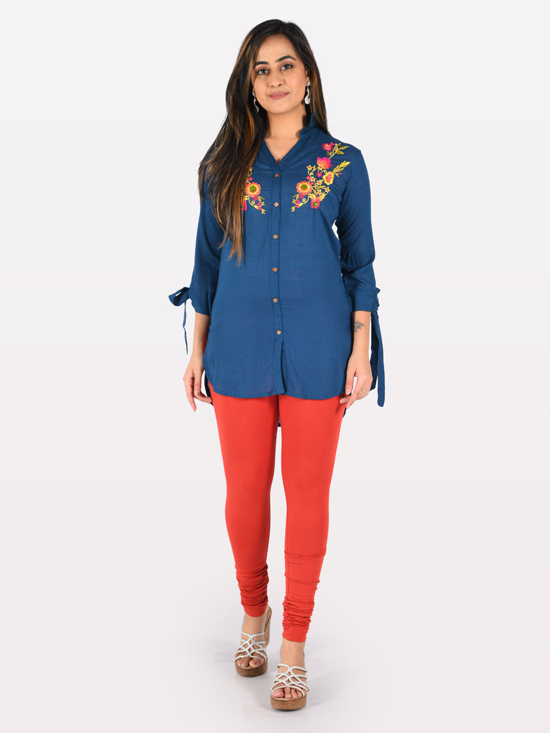 Neerus Blue Embroidered High Low Kurti