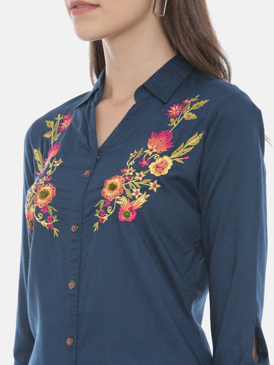 Neerus Blue Embroidered High Low Kurti