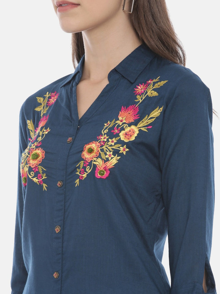 Neerus Blue Embroidered High Low Kurti