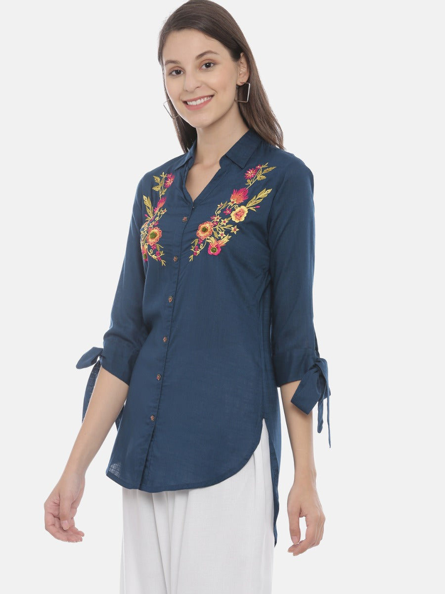 Neerus Blue Embroidered High Low Kurti