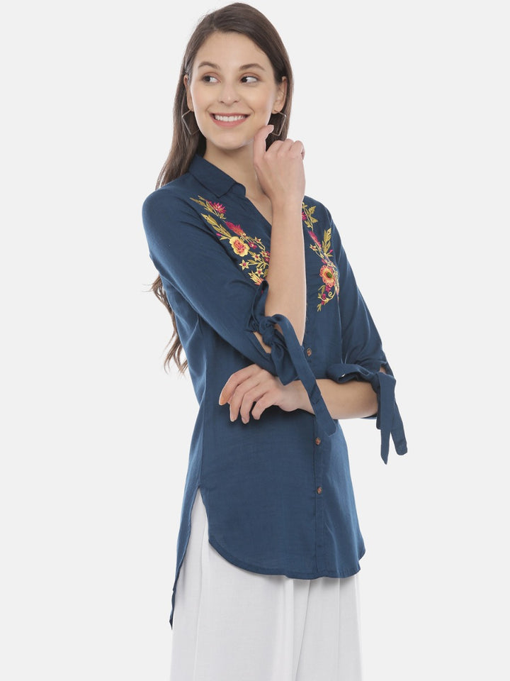 Neerus Blue Embroidered High Low Kurti