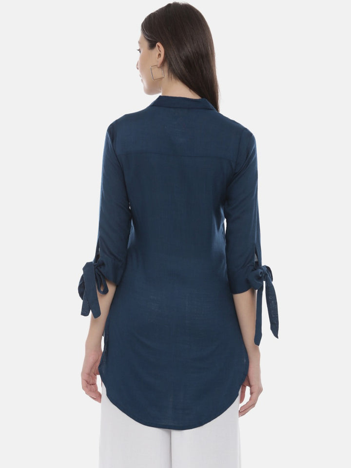 Neerus Blue Embroidered High Low Kurti