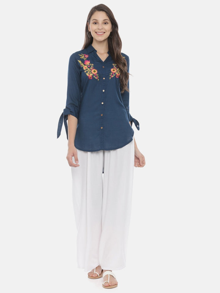 Neerus Blue Embroidered High Low Kurti