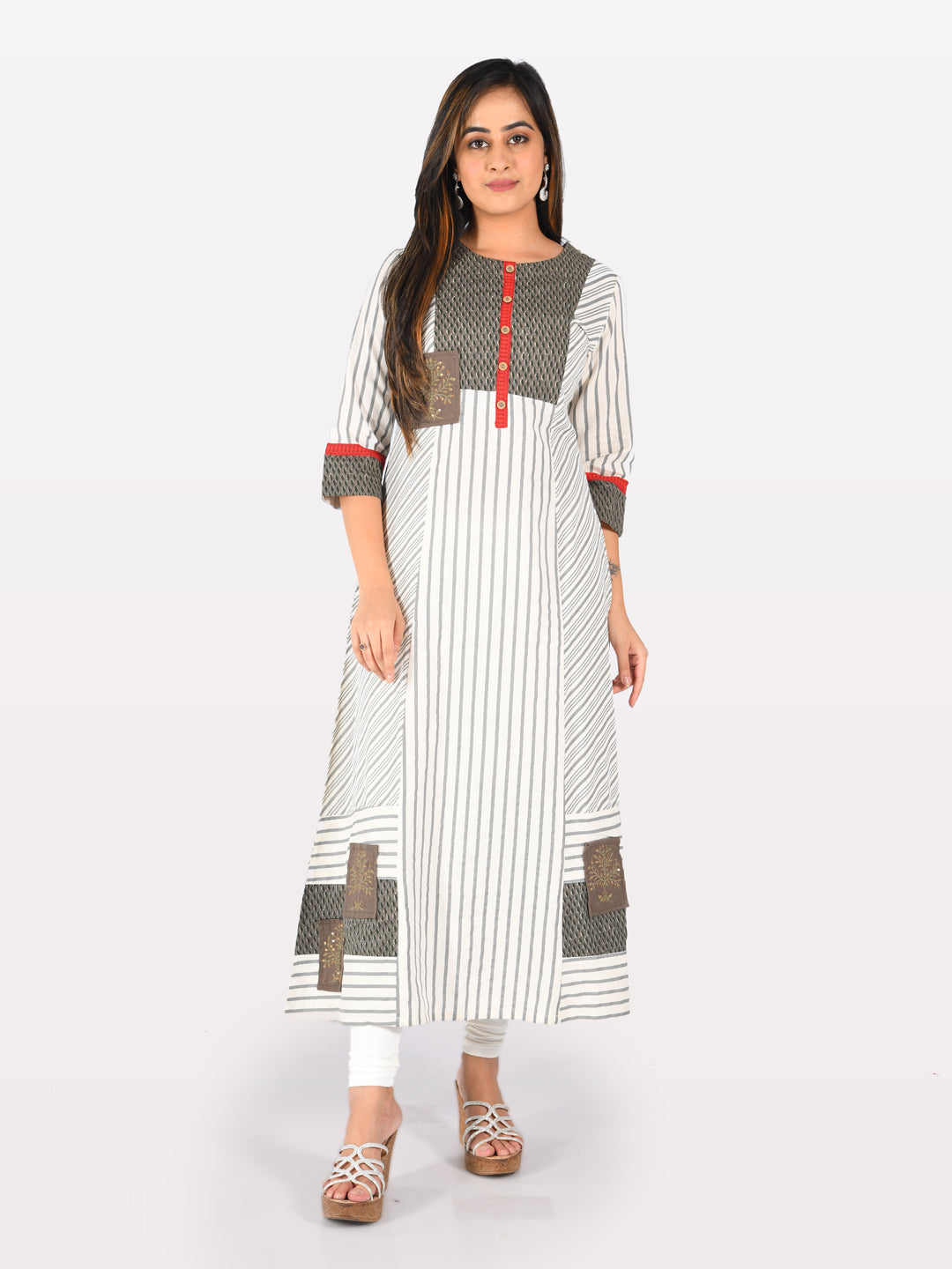 Neerus Grey Striped A Line Kurta