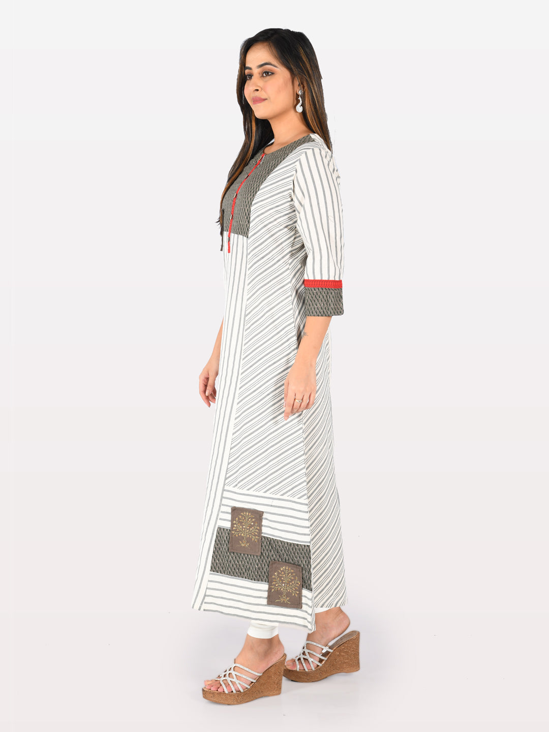 Neerus Grey Striped A Line Kurta