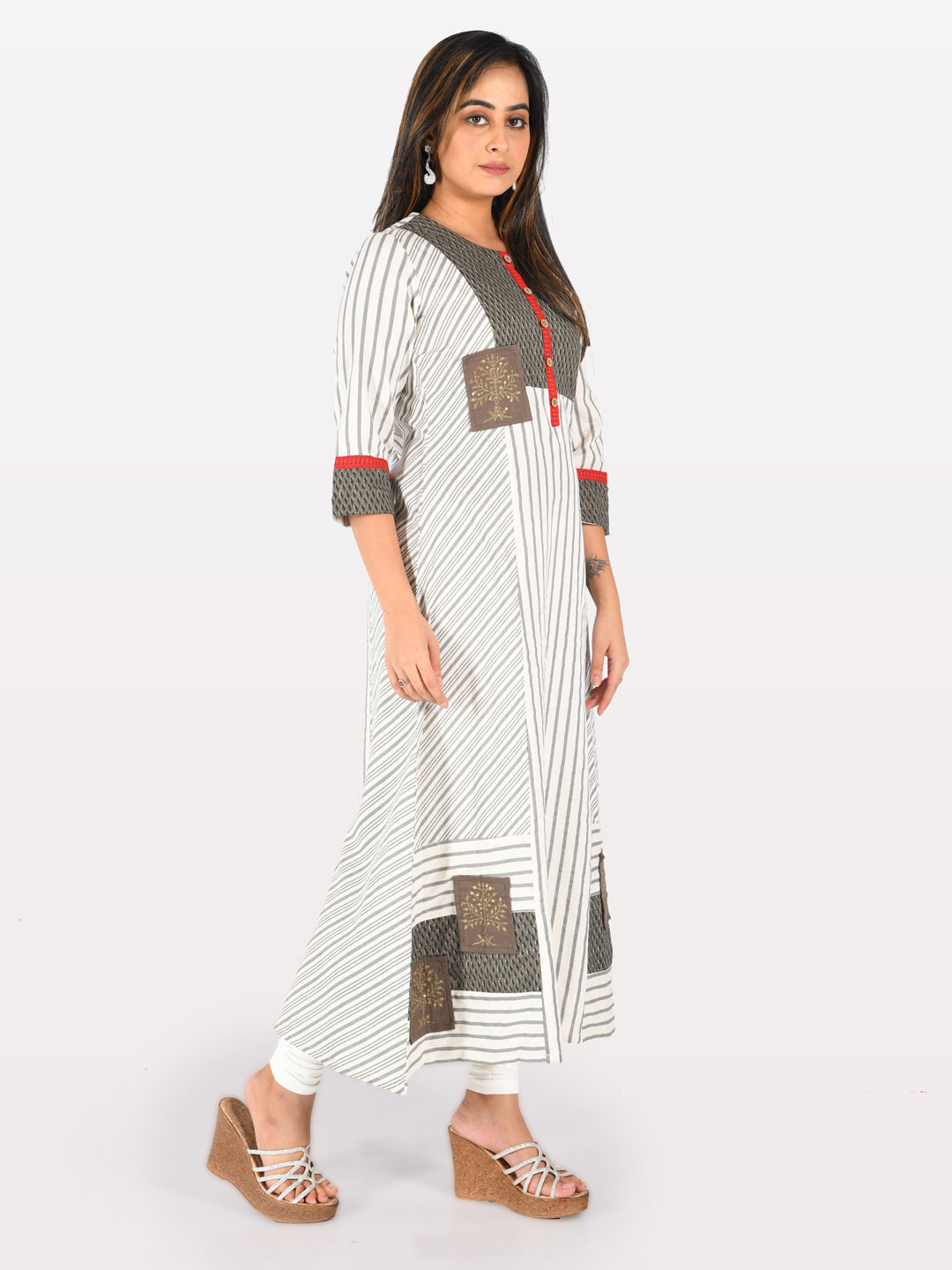 Neerus Grey Striped A Line Kurta