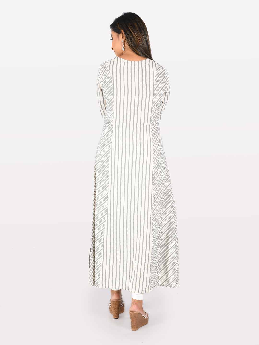 Neerus Grey Striped A Line Kurta