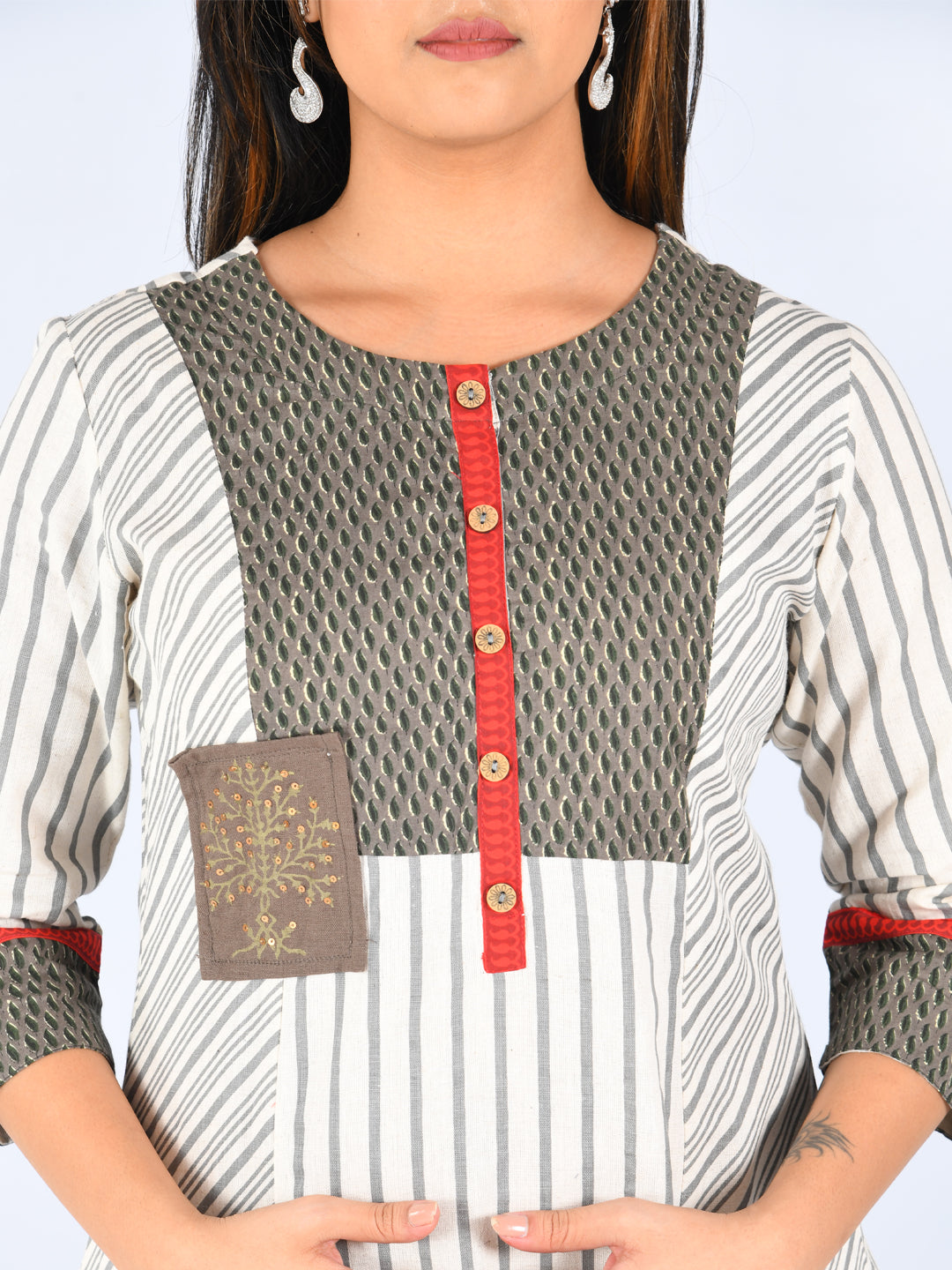 Neerus Grey Striped A Line Kurta