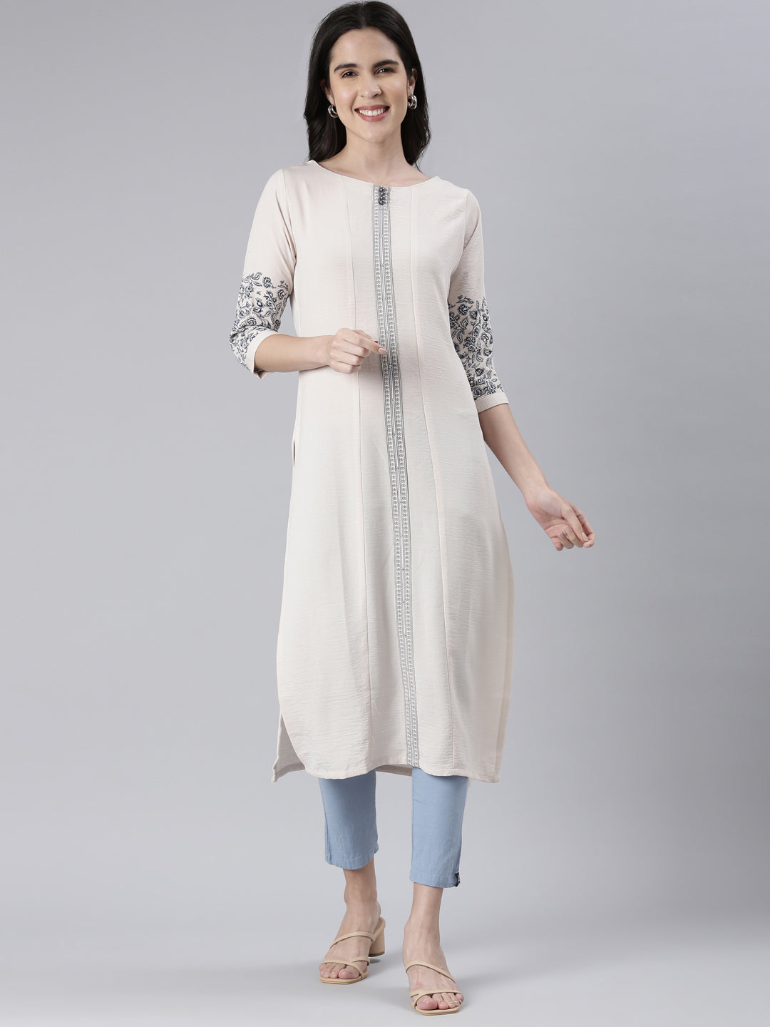 Neerus Beige cotton solid straight kurti - front view