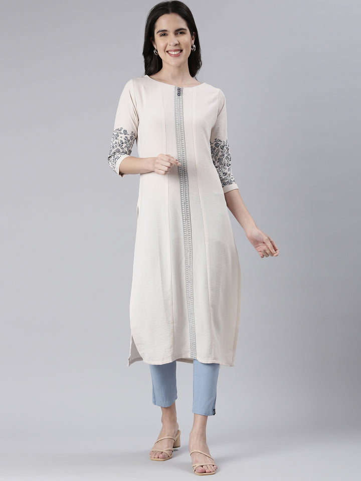 Neerus Beige cotton solid straight kurti - front view