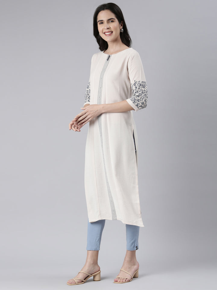 Neerus Beige cotton solid straight kurti - back view