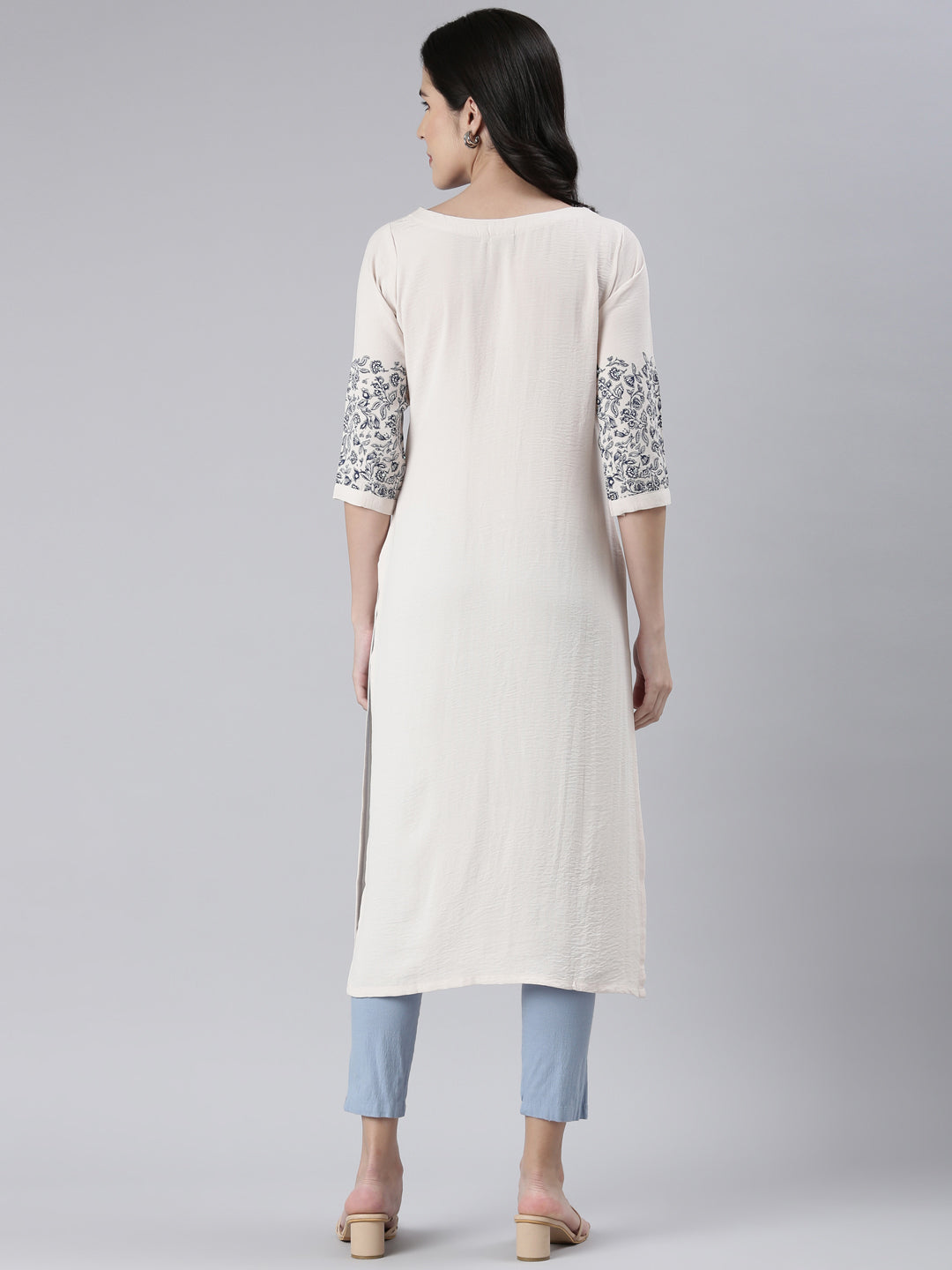 Neerus Beige cotton solid straight kurti - side view