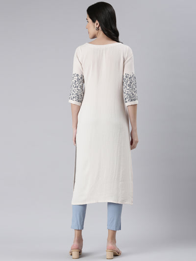 Neerus Cream Straight Solid Cotton Kurtas
