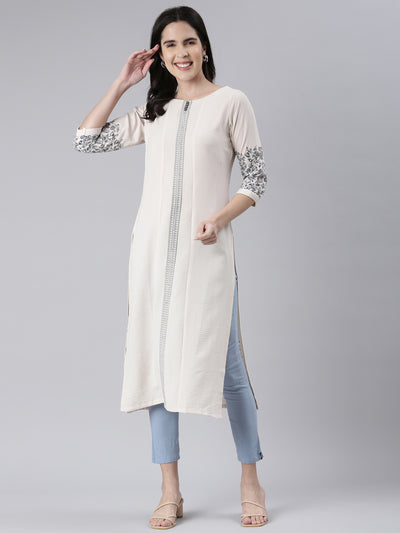 Neerus Cream Straight Solid Cotton Kurtas