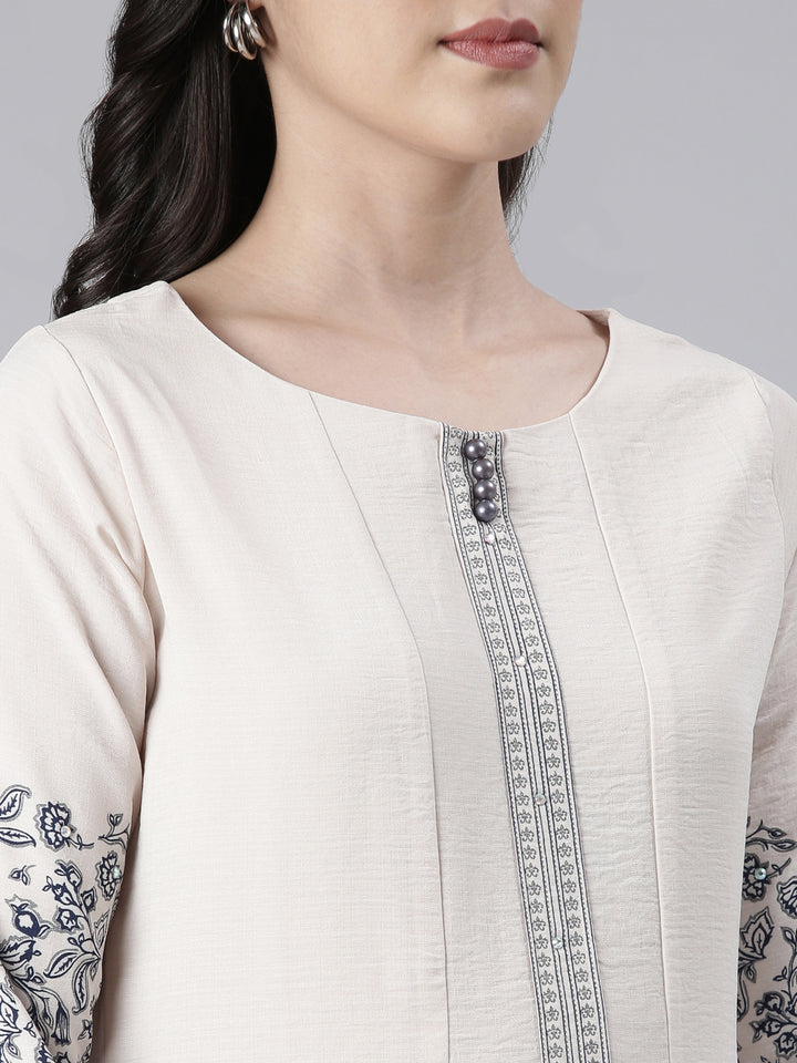 Neerus Beige cotton solid straight kurti - detail view 1