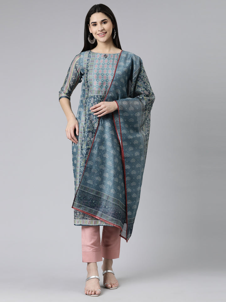 Neerus Grey Regular Knee Length Printed Kurta Solid Trousers With Dupatta