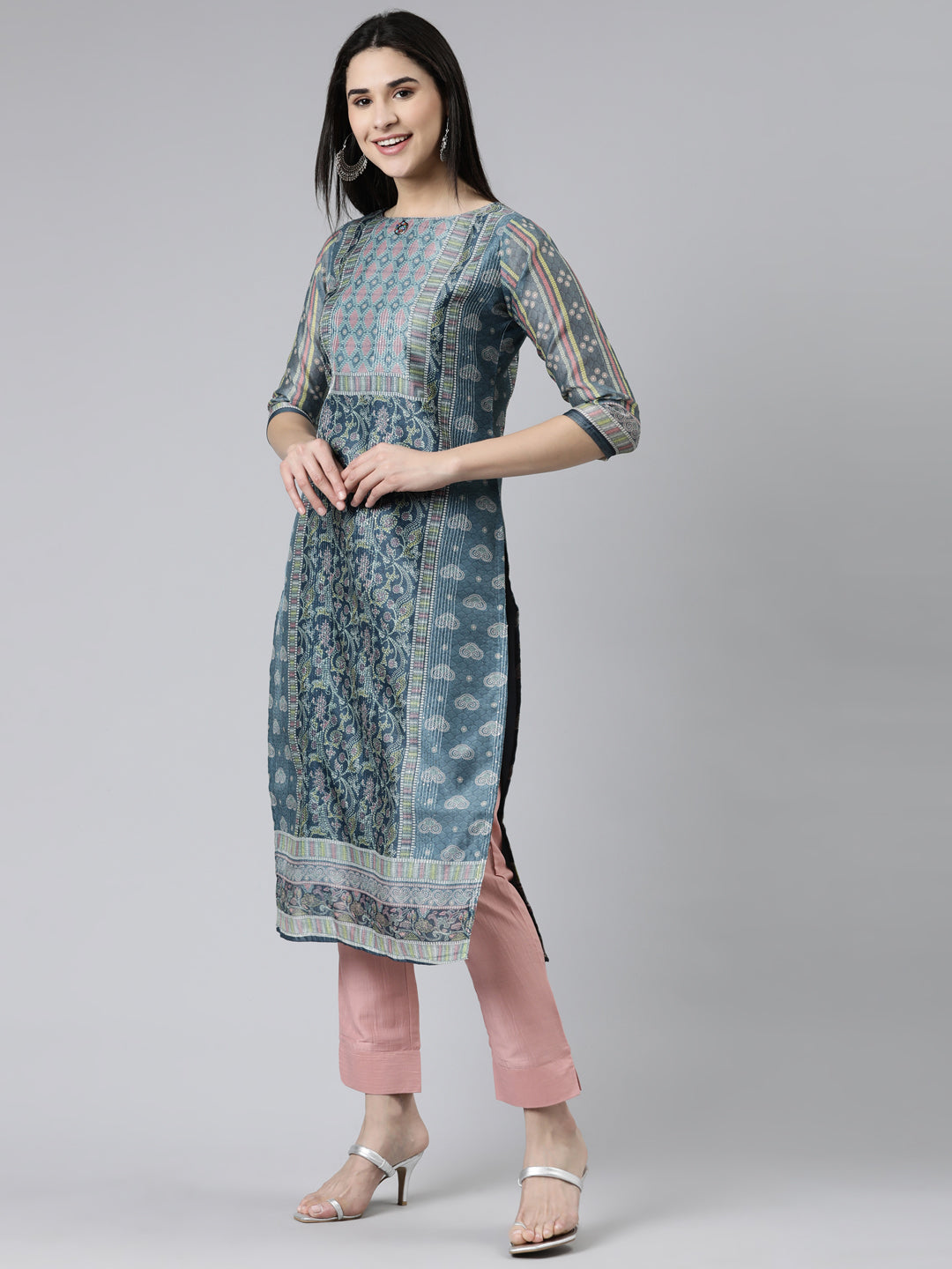 Neerus Grey Regular Knee Length Printed Kurta Solid Trousers With Dupatta