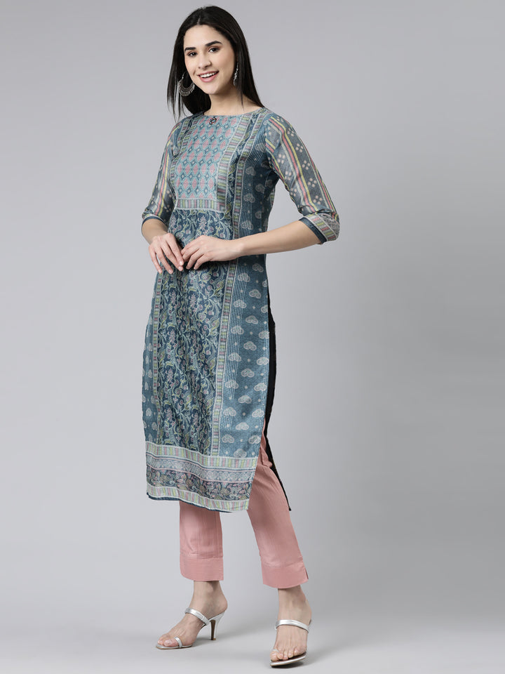 Neerus Grey Regular Knee Length Printed Kurta Solid Trousers With Dupatta