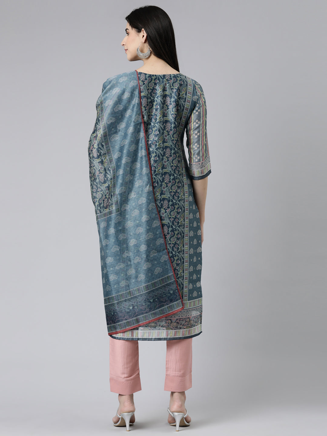 Neerus Grey Regular Knee Length Printed Kurta Solid Trousers With Dupatta