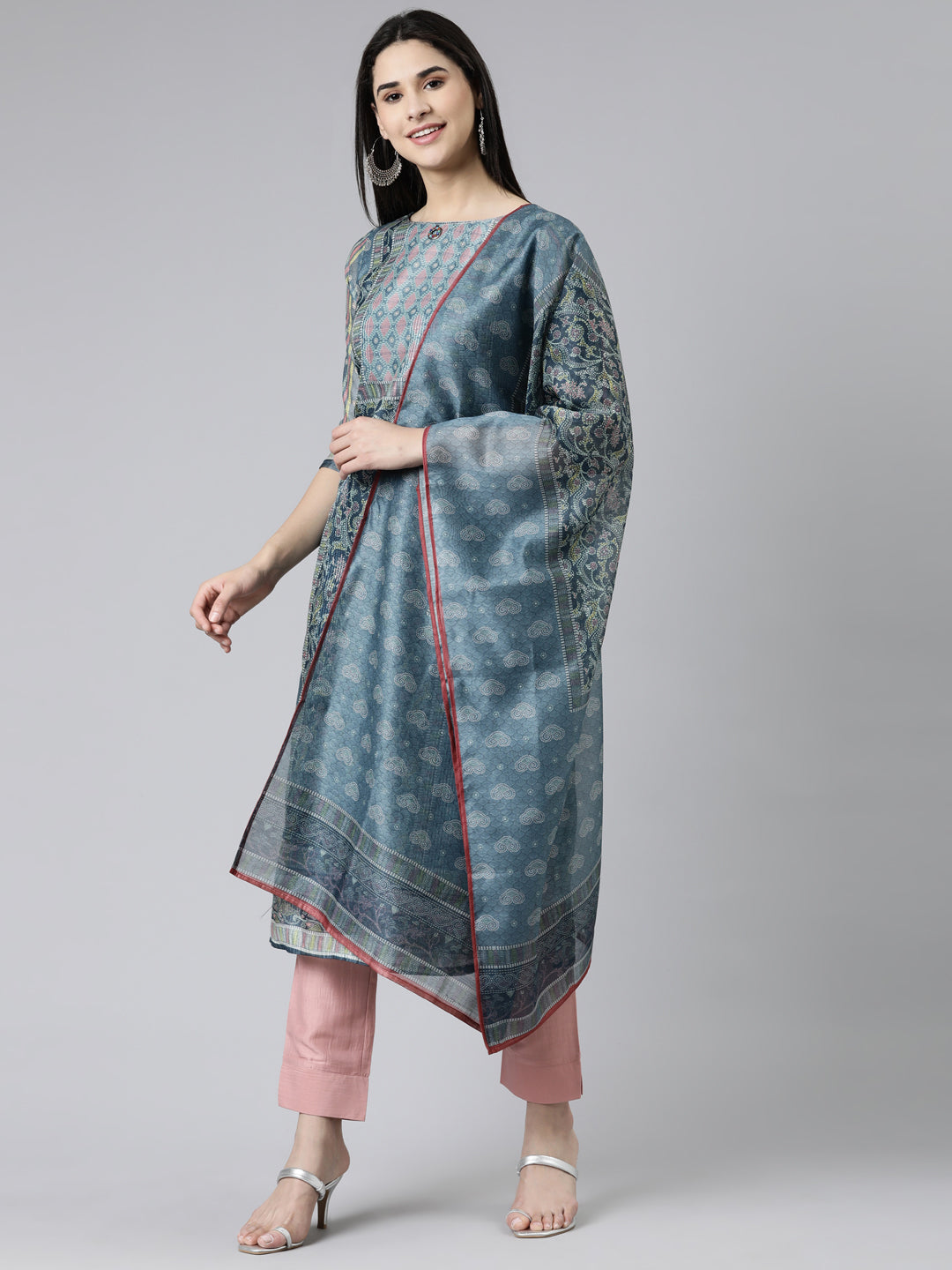 Neerus Grey Regular Knee Length Printed Kurta Solid Trousers With Dupatta