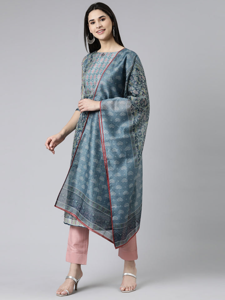 Neerus Grey Regular Knee Length Printed Kurta Solid Trousers With Dupatta