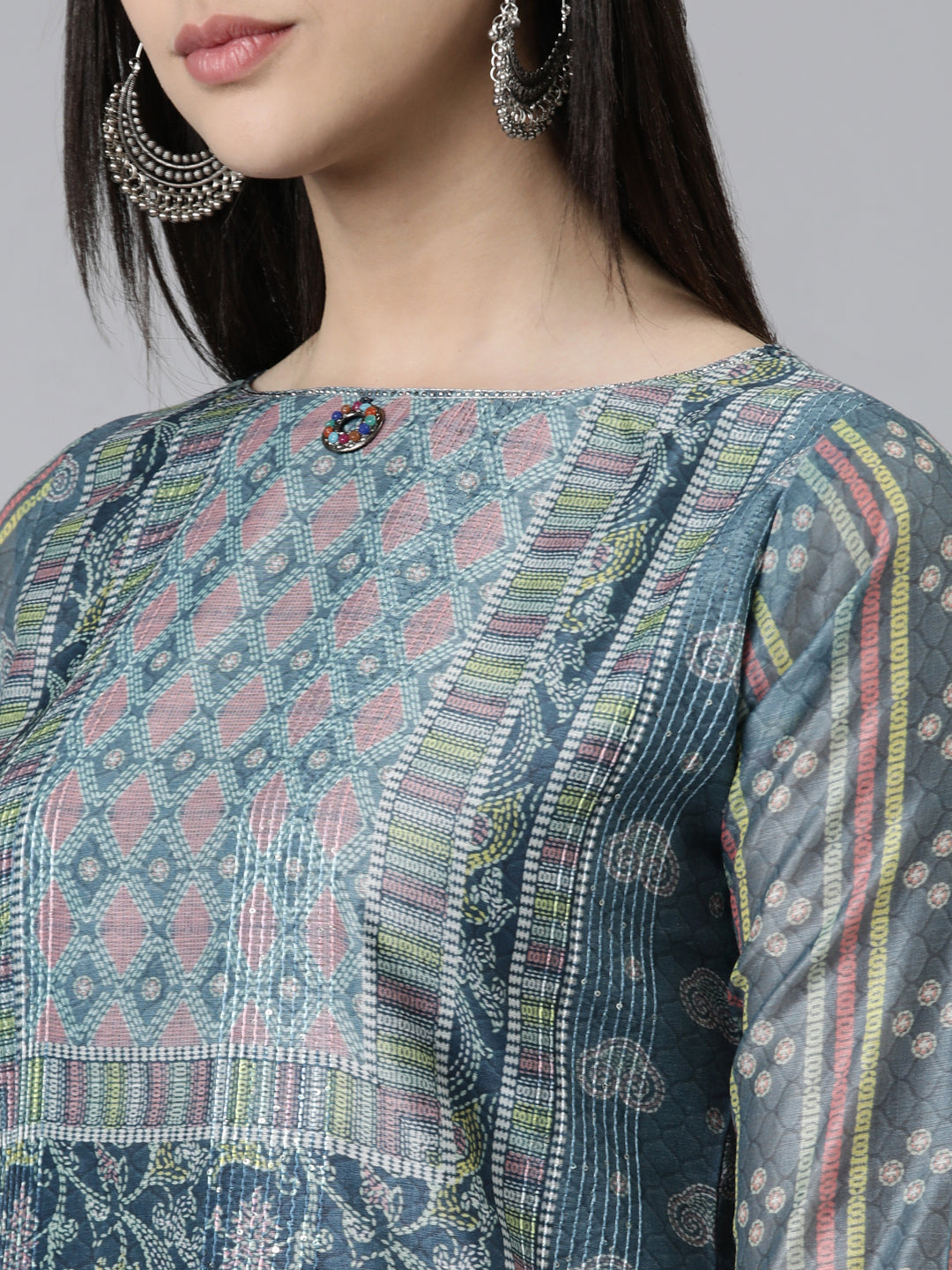 Neerus Grey Regular Knee Length Printed Kurta Solid Trousers With Dupatta