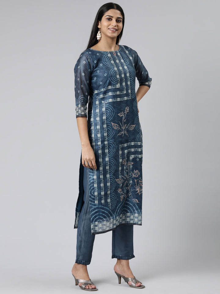 Neerus Green Regular Calf Length Printed Kurta Printed Trousers With Dupatta