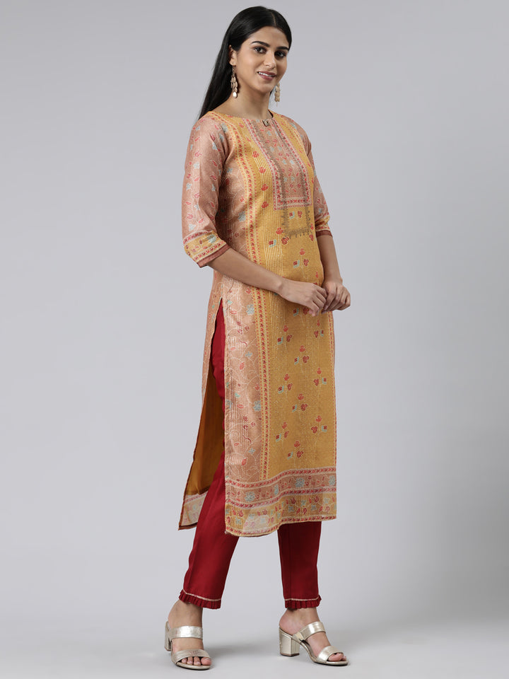 Neerus Mustard Regular Calf Length Printed Kurta Solid Trousers With Dupatta