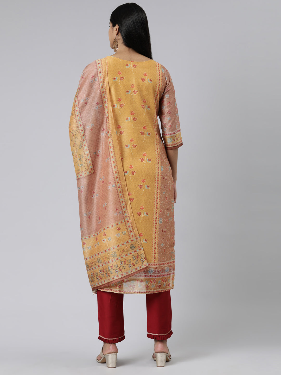 Neerus Mustard Regular Calf Length Printed Kurta Solid Trousers With Dupatta