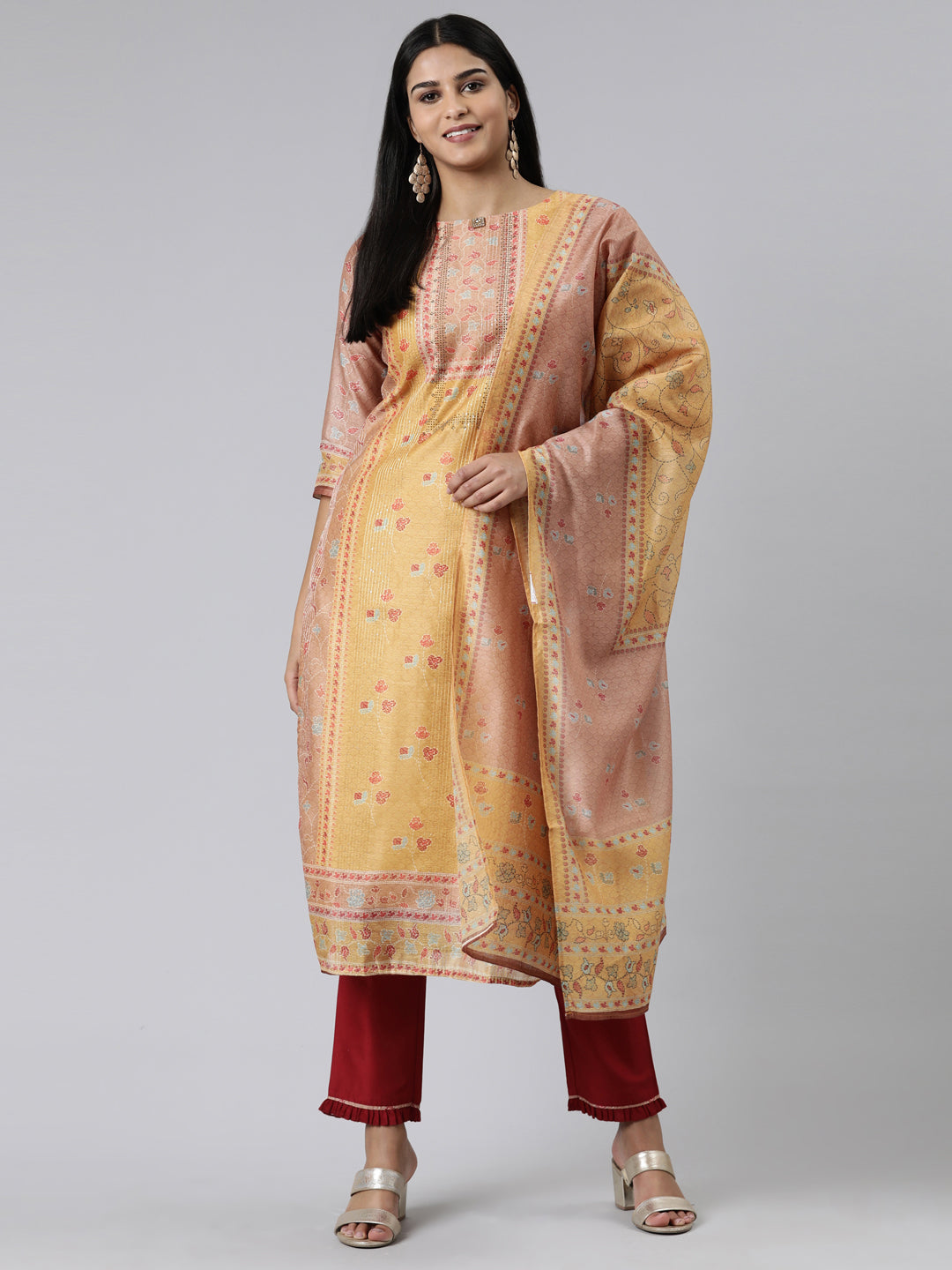 Neerus Mustard Regular Calf Length Printed Kurta Solid Trousers With Dupatta