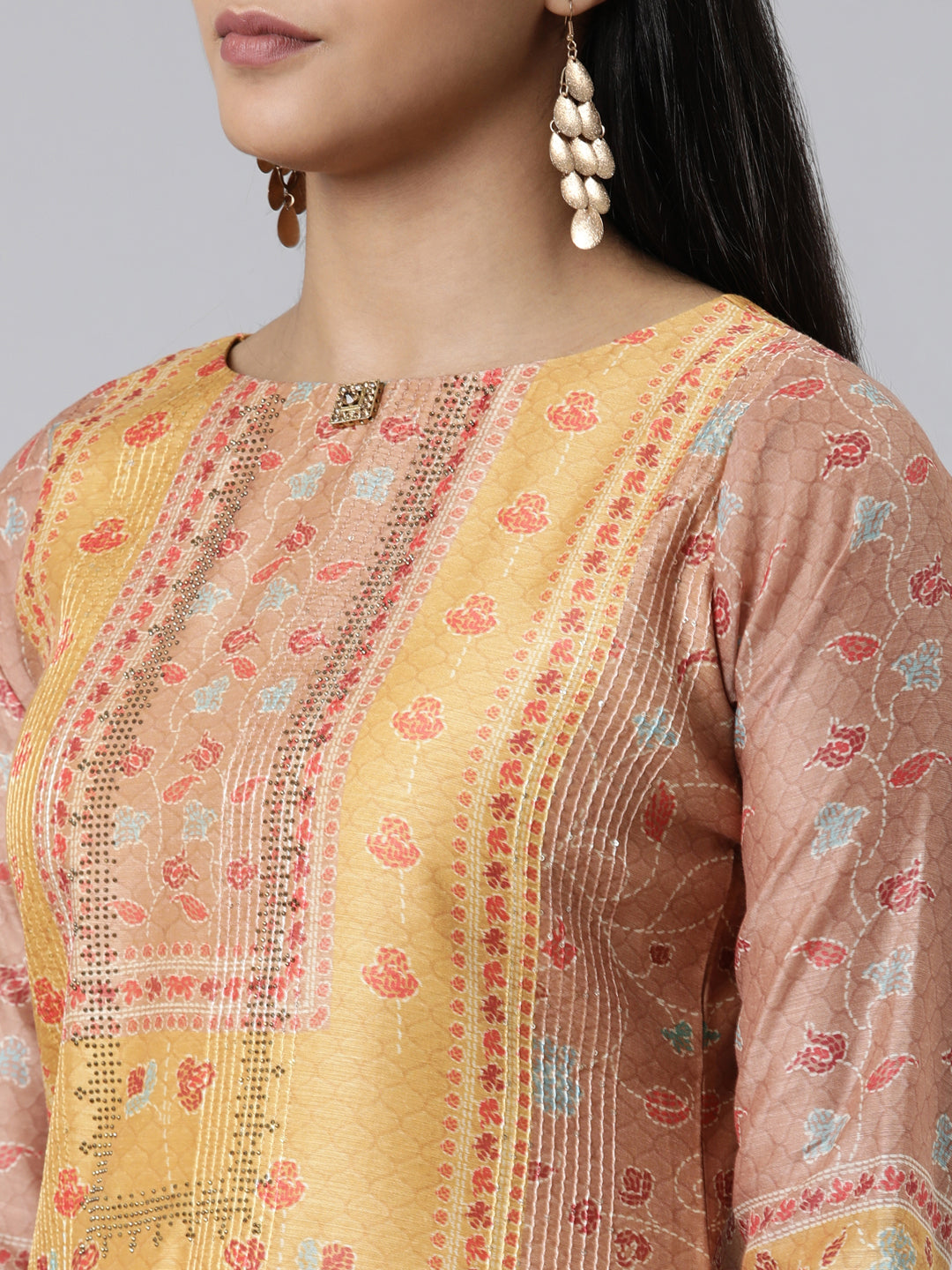 Neerus Mustard Regular Calf Length Printed Kurta Solid Trousers With Dupatta