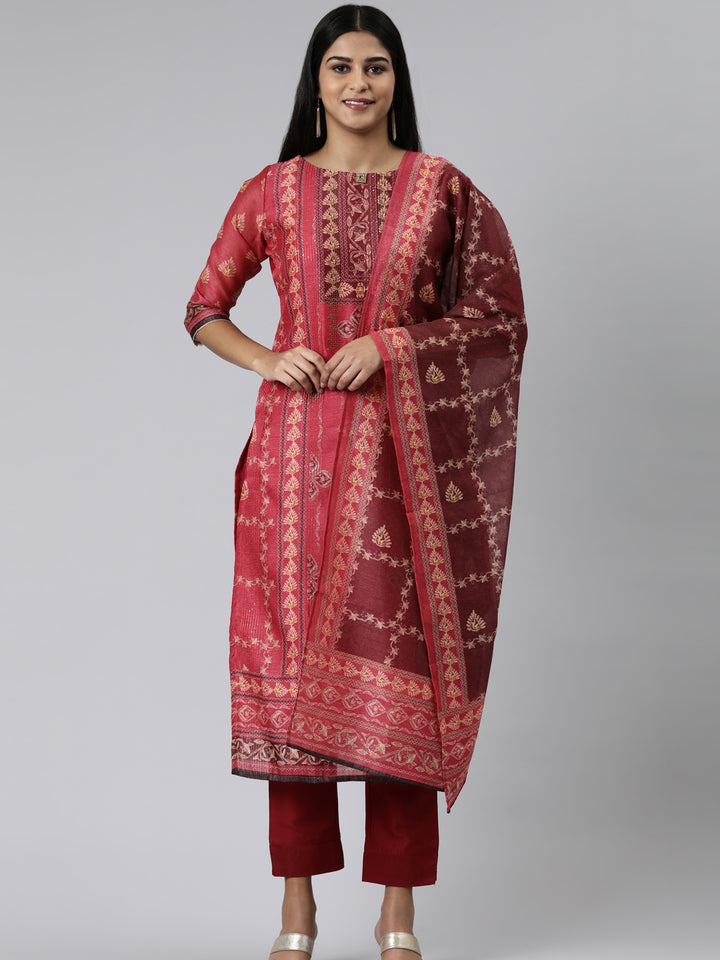 Neerus Red Regular Calf Length Printed Kurta Solid Trousers With Dupatta