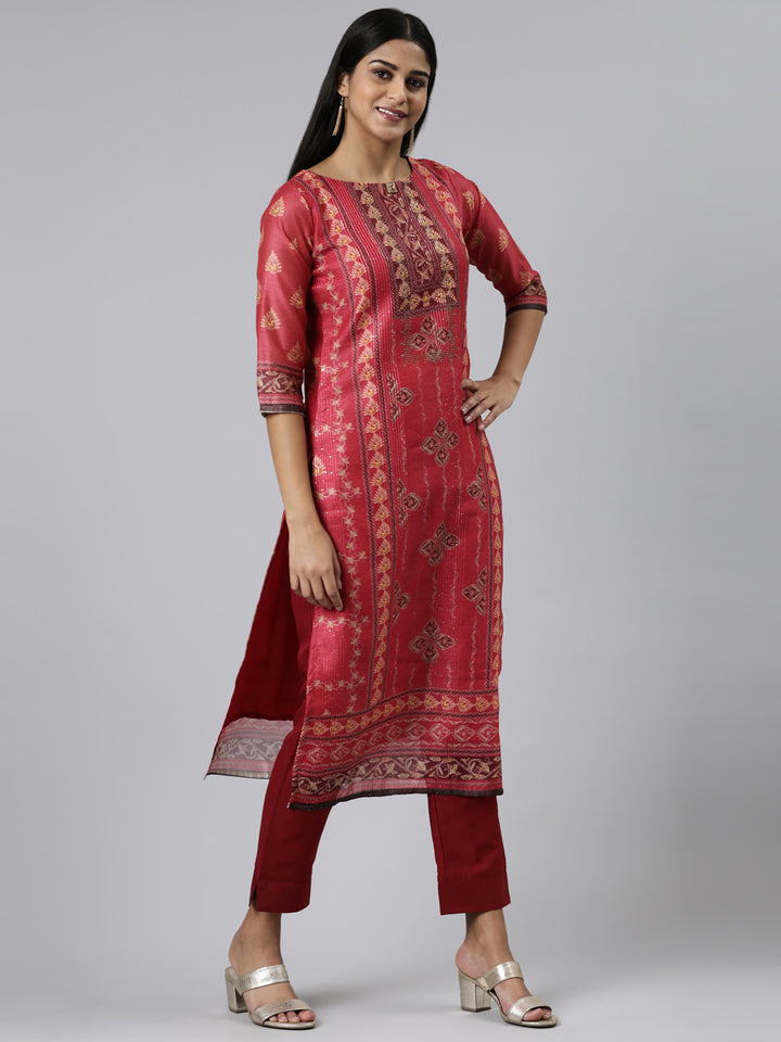 Neerus Red Regular Calf Length Printed Kurta Solid Trousers With Dupatta