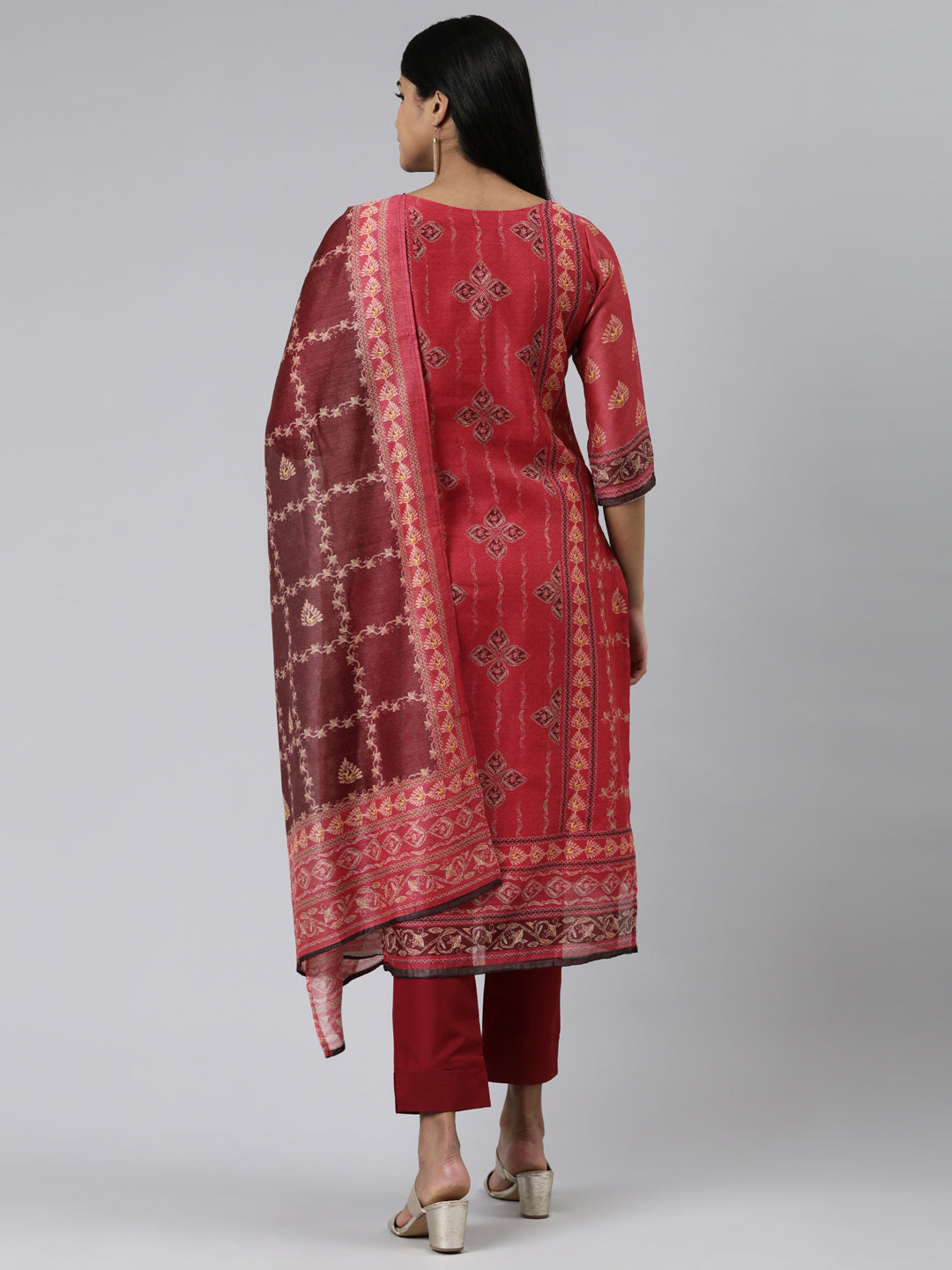 Neerus Red Regular Calf Length Printed Kurta Solid Trousers With Dupatta