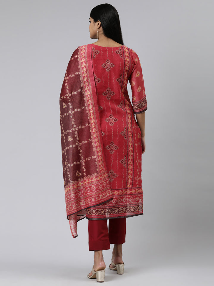 Neerus Red Regular Calf Length Printed Kurta Solid Trousers With Dupatta