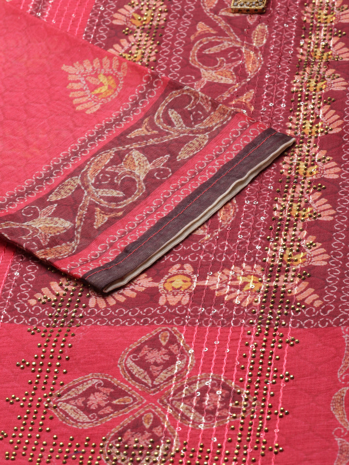 Neerus Red Regular Calf Length Printed Kurta Solid Trousers With Dupatta