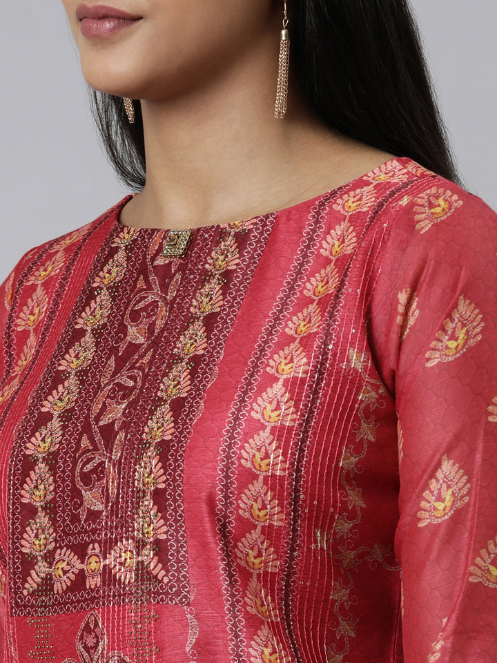 Neerus Red Regular Calf Length Printed Kurta Solid Trousers With Dupatta