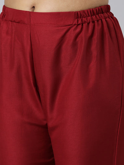 Neerus Red Regular Calf Length Printed Kurta Solid Trousers With Dupatta