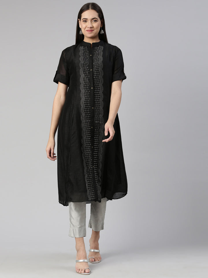 Neerus Black Anarkali Flared Crepe Kurtas