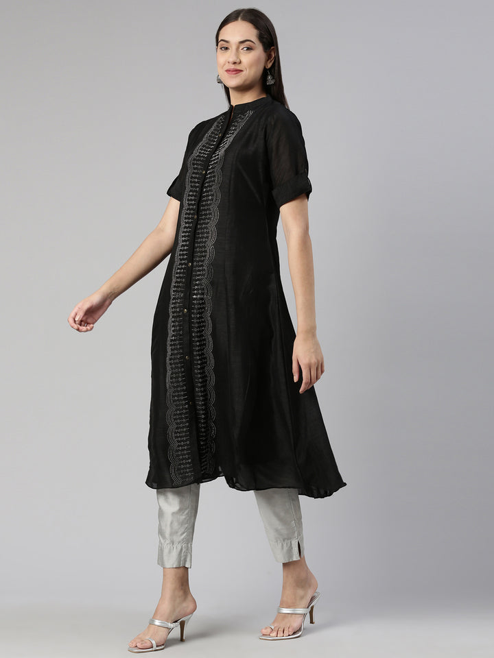 Neerus Black Anarkali Flared Crepe Kurtas