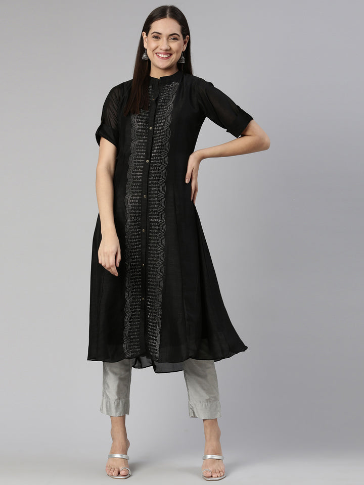 Neerus Black Anarkali Flared Crepe Kurtas