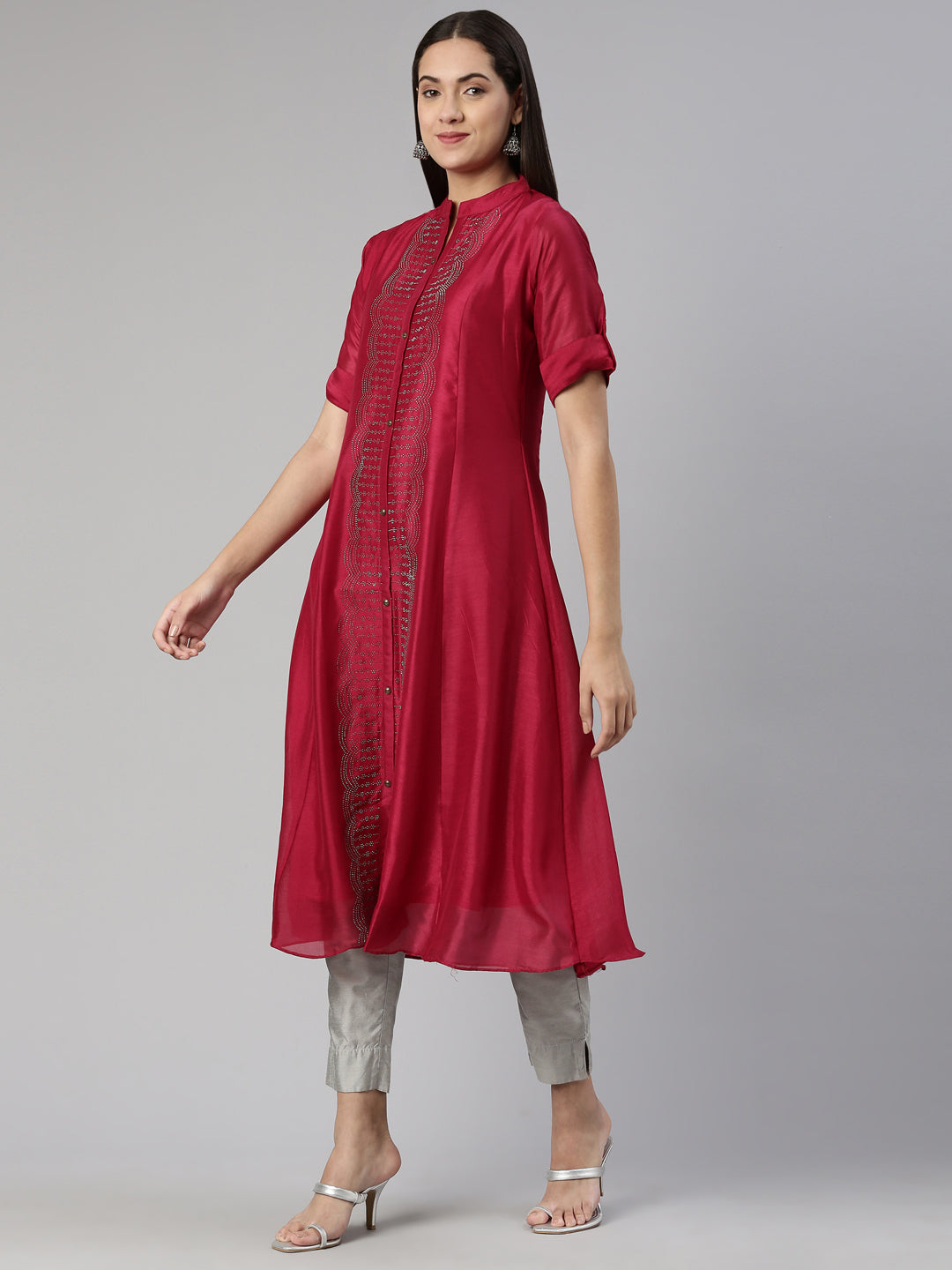 Neerus Pink crepe embellished anarkali kurta - back view