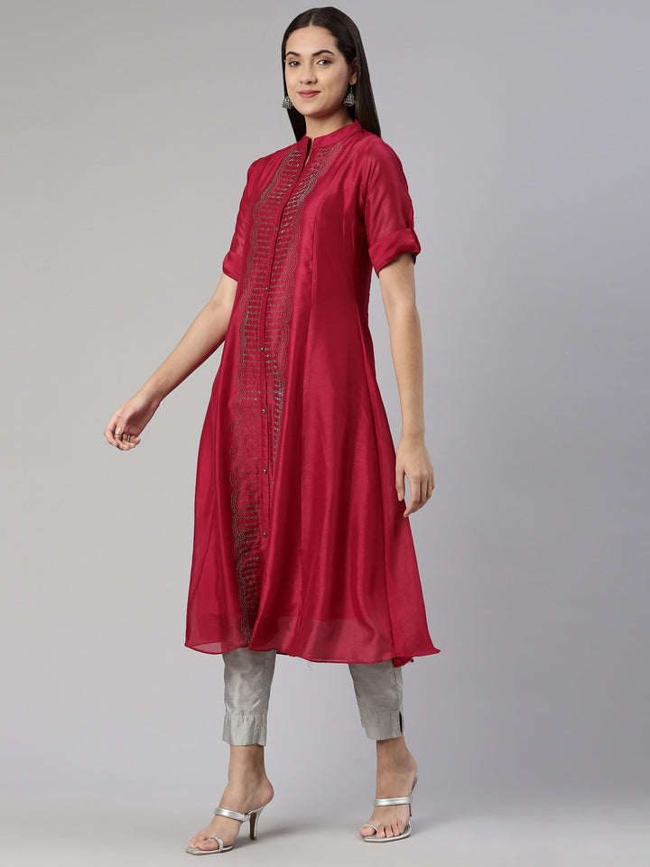 Neerus Pink crepe embellished anarkali kurta - back view