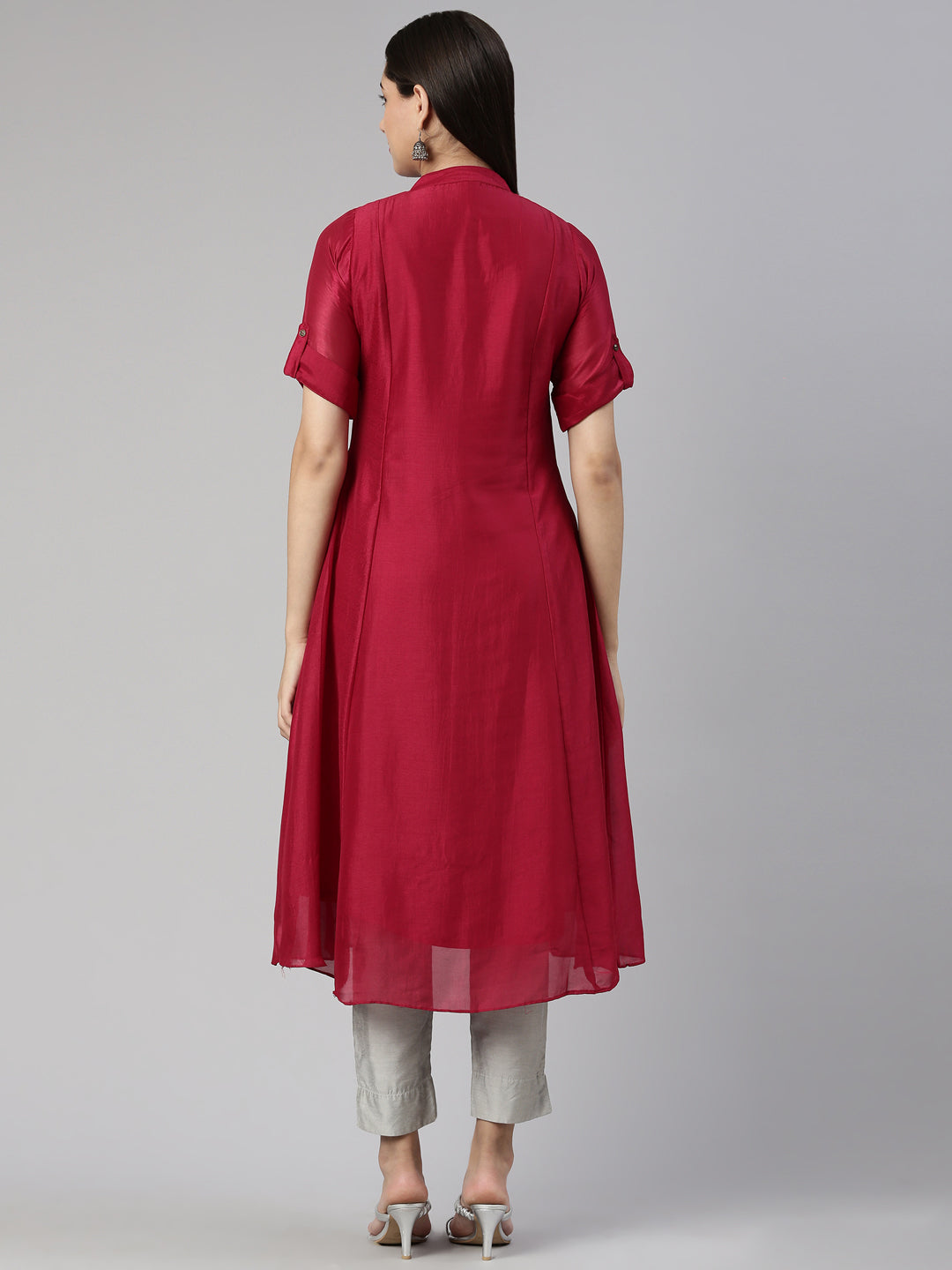 Neerus Pink crepe embellished anarkali kurta - side view