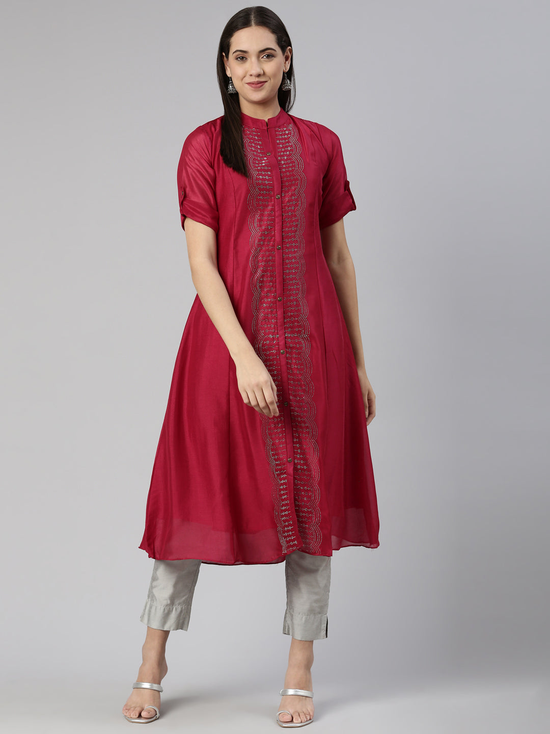 Neerus Pink crepe embellished anarkali kurta - front view