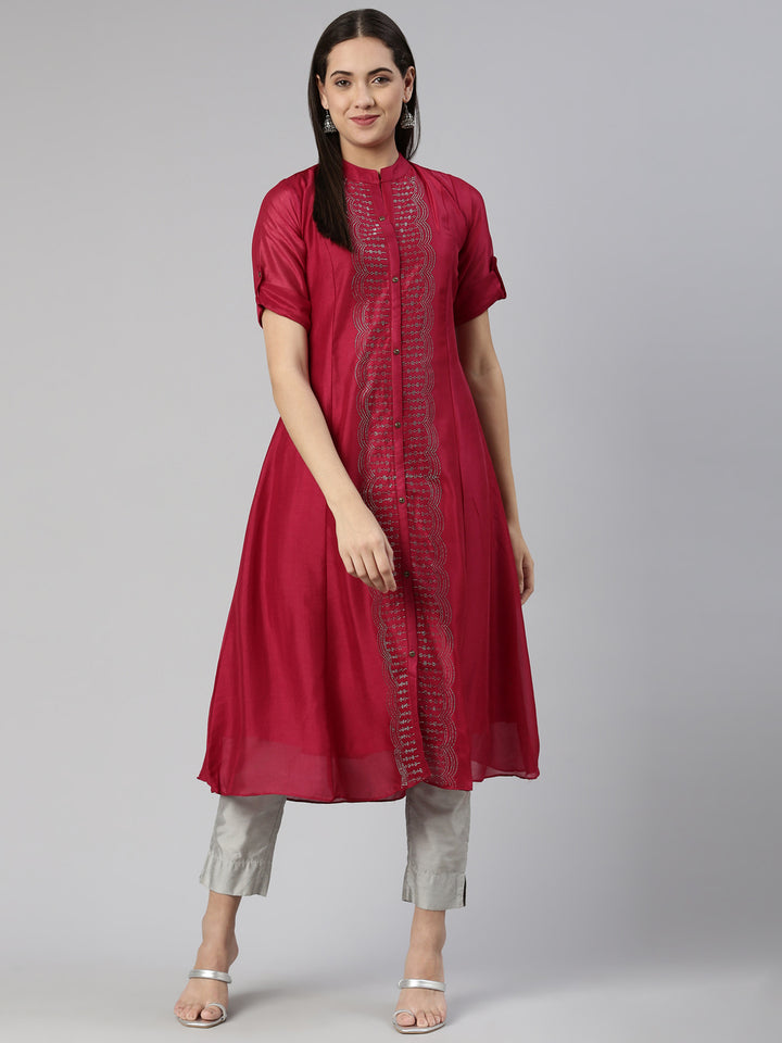 Neerus Pink crepe embellished anarkali kurta - front view