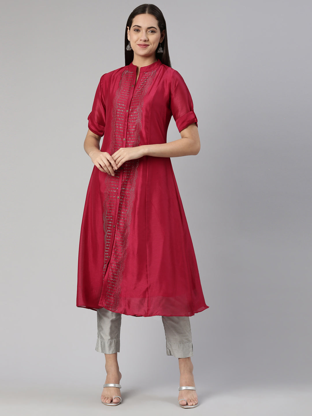 Neerus Pink crepe embellished anarkali kurta - detail view 4