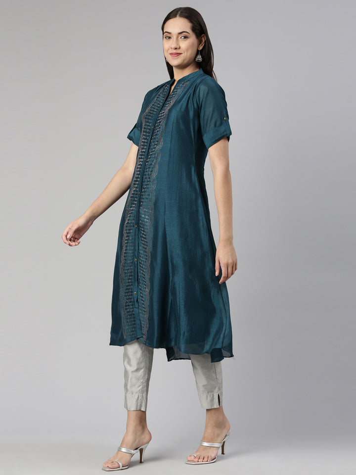 Neerus Peacock Anarkali Straight Crepe Kurtas